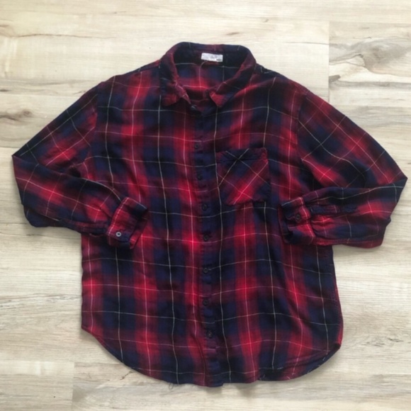 Red & Navy Blue Garage Flannel Button Up Top - Picture 1 of 7